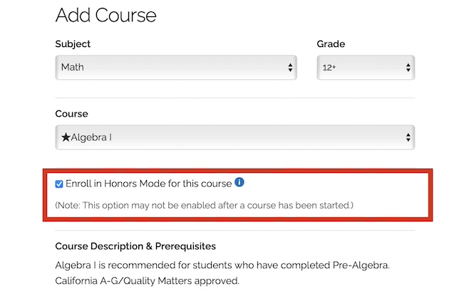 AddCourse Enroll in Honors Mode