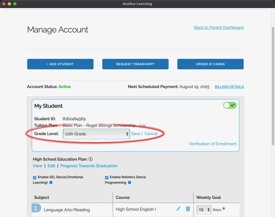 Parent Account - Change Grade Level-edit Adjusting the grade level