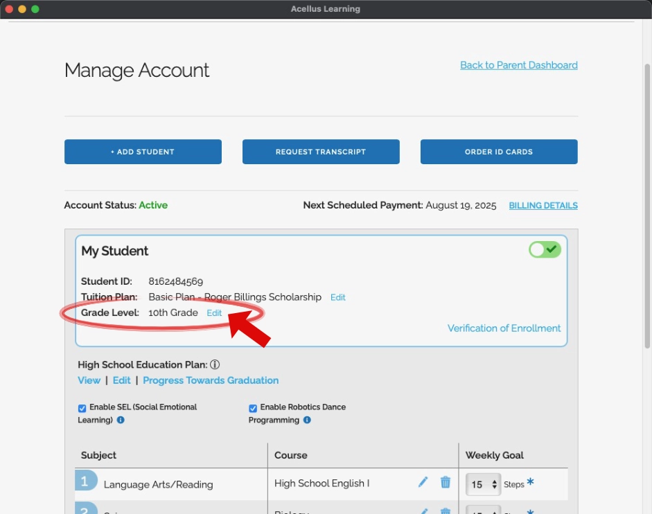 Parent Account - Change Grade Level-n Adjusting the grade level